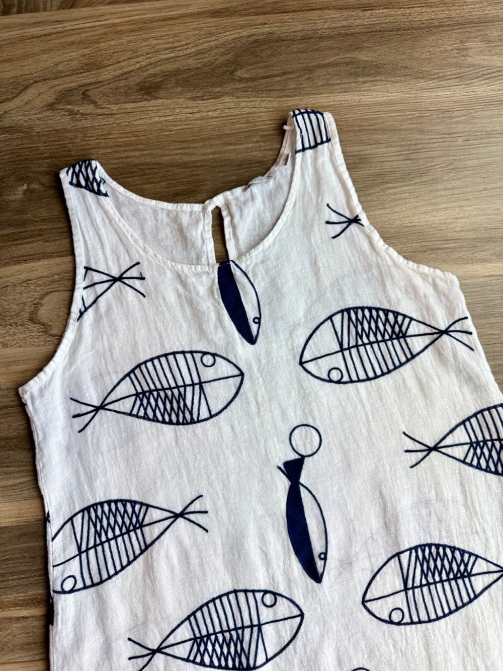 Vasna Italian Linen Embroidered Fish Coastal Lagenlook Shift Dress Large - Picture 3 of 10